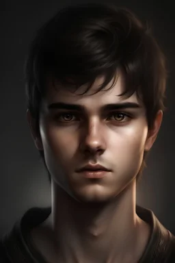Ein Fantasy Porträt von einem jungen Mann mit kurzen, dunklen Haaren und silbernen Augen. Er hat ein eckiges Gesicht