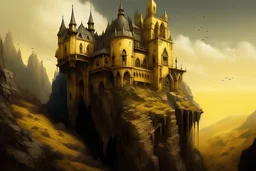A gothic museum sticking out of a yellow-tan cliff face, fantasy, digital art