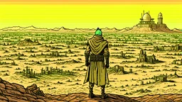 Desert warrior from behind looking at a city on a plateau in the distance, comic style