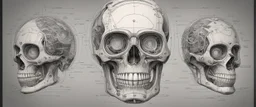 An Andy Warhol style illustration of a set of schematics for a cyborg skull, digital illustration, extreme detail, digital art, 4k, ultra hd, graphite pencil drawing, realistic, fine art, vray, 3d mandelbulber, octane 3d, digital painting, realistic and natural, cosmic sky, detailed full-color, hd photography, realistic surrealism, elements by dr. frankenstein detailed, gloss, hyperrealism, random neon wiring dayglo effects,and background color, industrial background, as a poster with more neon