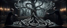 Portrait of aristocrat goths fighting with twisted sticks to contain energy from floating chtonian glowing snakelike transparent moist tree made by twisted snakelike sticks creating weird geometric form in dramatic scene in luxury parlour in the style of Giger and Escher