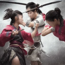 2 samurai girls with sword fight in rain, xtreme detailed, photorealistic, 4k