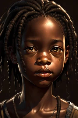 (high resolution) (portrait), (little african american girl), (harsh light), (close-up), (edgy expression), ((emphasized features)), thin lips, small slender, nosestriking eyes, (unique angle), (bold composition), hair in loose braids, (intense mood), ((contoured features)), (strong personality), (realistic skin texture), (professional photography), (edgy fashion), (creative makeup), ((intense gaze)), (fierce beauty), (sharp details), ((fashion model)), ((high cheekbones)), (dark brown eyes)