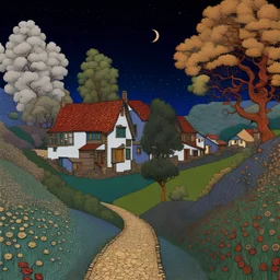 Colourful, peaceful, Egon Schiele, Max Ernst, Vincent Van Gogh, night sky filled with galaxies and stars, village, trees, flowers, one-line drawing, sharp focus, 8k, deep 3d field, intricate, ornate