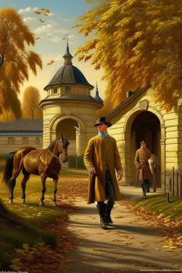 Fascinating, ultra-realistic nature in the photo. Golden autumn. A 32-year-old man in 19th-century Russian clothes walks towards the horses with his head raised to the sky, a smile on his face. In the background, the Russian estate of a 19th-century nobleman and three horses stand at the outhouse.