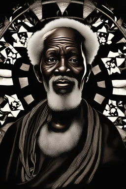 An enlightened old African man with white Beards and bar hair, dark background