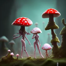 psychedelic mushrooms and tiny cyborg human with a casquet