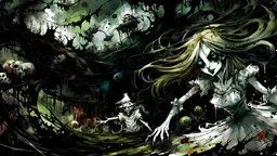 Twisted Alice in the style of, sinister, gore, morbid, horror, eerie, dark fantasy; HDR, UHD, TXAA, 8k, Ralph Steadman, Seb Mckinnon, impressionism, dadaism, surrealism