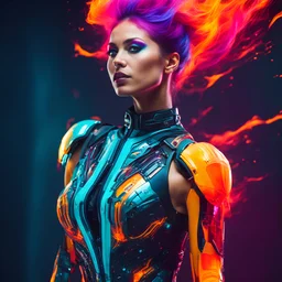 deflagration of vibrant hues half body shot Photography, a hi tech sci-fi well shaped body woman