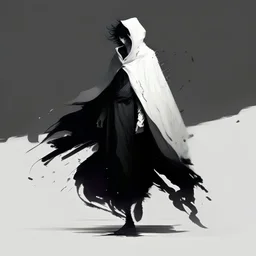 Full body animated person with white skin, short and messy hair that is black with white streaks through it, wearing black cloak