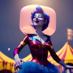 Ultra realistic circus scene. Sweet hair monster dancer. Man, night, smooth color, waist up view, Wes Anderson style, happy, bubbles, dark ambient, highly detailed, concept art, unreal engine 5, god rays, ray tracing, RTX, lumen lighting, ultra detail, volumetric lighting, 3d, finely drawn, high definition, high resolution.