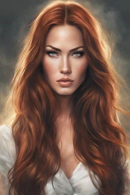Megan Fox subject is a beautiful long ginger hair female in a style women eye candy oil paiting In depth detailed render eye candy breathtaking Artgerm Alphonse Much style