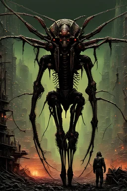 cybernetic Devil Mantis-- idolomantis made of:(electronics and illuminated neon wiring and machine parts) by:(h.r.Giger, Wayne Douglas Barlowe , philip jackson, alphonse mucha) camouflaging and mimicking postapocalyptic city background by Zdislaw Beksinski hyperrealistic, 8k resolution, concept art,dark,high contrast,poster art"
