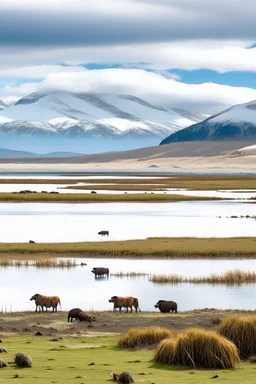 paisaje del sur argentino, con lago, día frio y nevado, incluyendo varios animales autóctonos bien definidos.