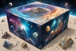 hyperrealistic, 4k, box for storing things with beautiful drawings a lot of colours, very detailed, angels, minerals, planets space, galaxies, pyramids on a planet