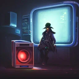 a cyberpunk hacker pirate captain holding a beer with a pirate hat sitting in front of a huge old crt monitor in a dark room , only light coming from crt monitor, highly detailed, intricate, digital art, trending on artstation, trending on cgsociety, by greg rutkowski