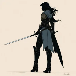 [style ligne claire de Moebius] The silhouette of a female paladin dressed in a linen tunic, leaning on her long sword, seen in profile, her face hidden by her hair, wearing leather boots that rise above her calves.