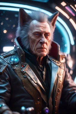 really macho pimp Christopher Walken orc wolf captain that go hard sitting in space station cockpit , in front of space portal dimensional glittering device, bokeh like f/0.8, tilt-shift lens 8k, high detail, smooth render, down-light, unreal engine, prize winning