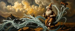master oil painting by Rembrandt, good afternoon clay golem in the middle of twister whirl wind, in the style of disney