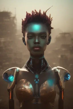 portrait,beautiful african robotic sirene, post-apocalyptic in a cyberpunk city, realistic, intriacte detail, sci-fi fantasy style, volumetric lighting, particales,highly detailed,cinamatic, deep