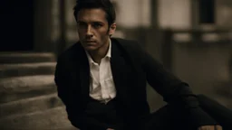 In the photo, we see a man sitting in the dark, looking at the camera with a cold gaze. The man is dressed in black and seems uninterested in what is going on around him.