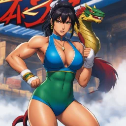 [high res photo of an actress for the launch Street Fighter III: New Generation/Official Art by Daigo Ikeno] the athletic Ardried Lash, with a tattoo of the Serpent's Tooth, in her iconic two piece swimsuit stands up on the ring, seen by below