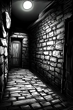 manga drawing of a dark room with stony wall