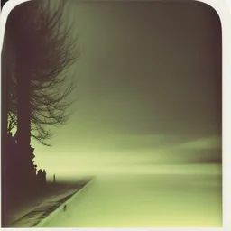 Dark street creepy fog colours strong texture artistic polaroid volumetric light tree nightmare Yves Tanguy figure