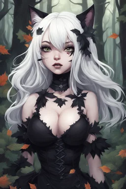 CAT GIRL, goth, forest, nature, cartoon, leaves, boobs, portrait, colour image, white hair