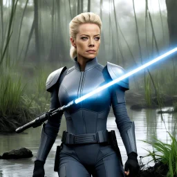 Jeri Ryan as Seven of Nine (born Annika Hansen) is a grey Jedi in fury with her lightsaber in the middle of the battlefield in a swamp during Order 51