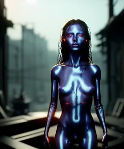 Ultra realistic photographic night portrait, cinematic, naked, long hair, latex <sexy woman> <hanging wires> many wires coming out of the head <perfect pupil> <cyborg> <garage> <wide angle Shot> <sci-fi futuristic> <thriller>, fog, soft color, highly detailed, unreal engine 5, ray tracing, RTX, lumen lighting, ultra detail, volumetric lighting, high definition.