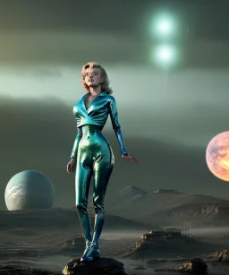 Ultra Realistic retro sci-fi 1960 scene, waist up view portrait, blonde woman, sweet young Marilyn Monroe face, perfect iris, tight latex coat, alien planet background, tight style, steel sphere dron levitating, fog, rain, soft color, highly detailed, unreal engine 5, ray tracing, RTX, lumen lighting, ultra detail, volumetric lighting, 3d, finely drawn, high definition, high resolution.