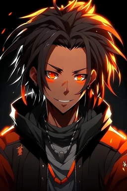Black Anime male, age 17, short thick dreadlocks doing down past neck length, orange highlights in hair, black hair color, black and orange zip up jacket, deep ember eyes, lean slim muscular body, cybernetic features on face, glowing orange cybernetic features in hair, relaxed smile