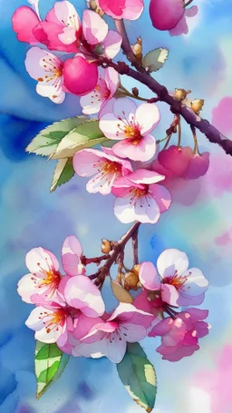 Blooming cherry flowers, watercolor, watercolor painting, beautiful flowers, spring, beautiful painting, sky