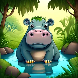 cartoon cute hippo in jungle realistic cartoon style