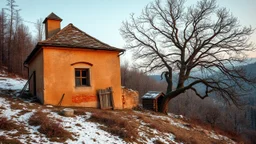 a lonely old adobe hut with worn adobe wall and a small window, a crumbling roof, an old chimney stands on a hill, next to it is a small woodshed by the wall, and an old withered tree leans over the hut, the hut stands on the edge of a European forest, winter, snowy landscape, low light, dawn, high detailed, sharp focus, high realistic, perfect photo