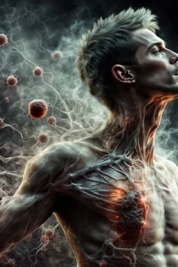 a photorealistic 12k ultra definition of a beautiful man, he is captured in a mysterious stretching pose with face slightly hidden, his full body exposed to reveal cancer cells in lungs. it grows on his chest skin, roots and cells, vakely exhaling smoke,dark and mysterious lighting in background , epic, gothic photography , explosive and chaotic background