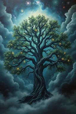 The tree in another dimension surrounded with stars and galaxies and clouds and fogs, Busch painting nightmare style , 3D , scary, magical, mysterious