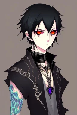 black haired young man necromancer wizard with gothic jewelry in the style of anime