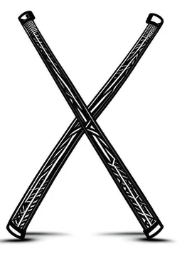 Two perpendicular futuristic high-tech black hockey sticks forming an "x" on a white background; font design; digital art