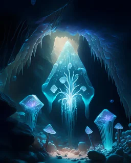 A subterranean crystal cavern where sentient fungi communicate through bioluminescent signals