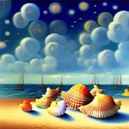 Dibujo al oleo de Conchas pintadas con nubes de colores en la orilla de la playa, con nubes de colores, barcas, con estilo de Van Gogh 4k