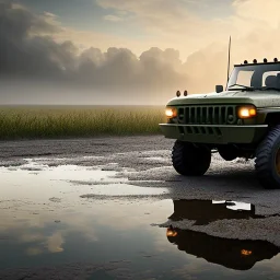 hyperrealistic shot, muddy military toy truck, monotone color palette, sharp focus, puddle reflection, tire water splash, refraction, mist on the horizon, shadowcast, detailed and intricate, cinematic composition, micro, tilt shift photography