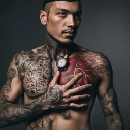 man with light skin with the entire cardiovascular system tattooed, nikon 70mm lens, photo, professional studio photo, very real