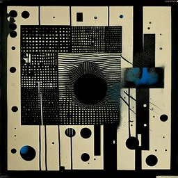 Braille art, abstract surrealism, by Ray Johnson and Colin McCahon, silkscreened mind-bending illustration; Hipgnosis album cover art, asymmetric, off-centered fragmented composition, dark shines war, by Phlegm