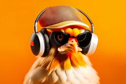 Chicken with headset and sun glasses and cap