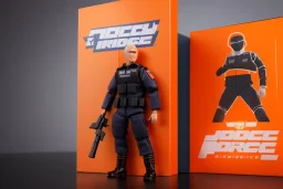 Mike Pence G.I. Joe toy Doll With a gun and Space force uniform inside blister packaging hanging on a Wallrack in toystore, fluorescent orange, Cellophane, wide angle shot whole body, black boots, laser, fullsize