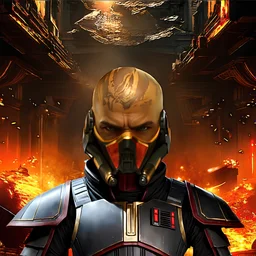 star wars bald male corellian jedi wearing gunmetal grey and black old republic armored flightsuit with gold and metallic red trim inside the jedi temple, centered head and shoulders portrait, hyperdetailed, dynamic lighting, hyperdetailed background, 8k resolution, volumetric lighting, light skin, fully symmetric details