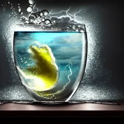 an ocean thunderstorm inside a drinking glass on a table, 8k resolution, high-quality, fine-detail, intricate, digital art, drinking glass, detailed matte, volumetric lighting, baroque, illustration, octane render, brian froud, howard lyon, selina french, George Grie, Ben Goossens, Igor Morski