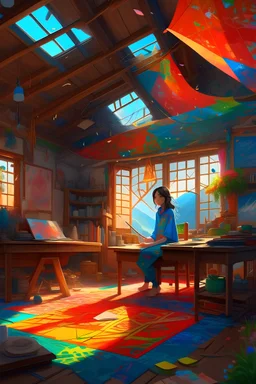 An illustration of Maya in her vibrant workshop, surrounded by colorful materials as she crafts the magnificent kite., unreal engine, greg rutkowski, loish, rhads, beeple, makoto shinkai and lois van baarle, ilya kuvshinov, rossdraws, tom bagshaw, alphonse mucha, global illumination, detailed and intricate environment